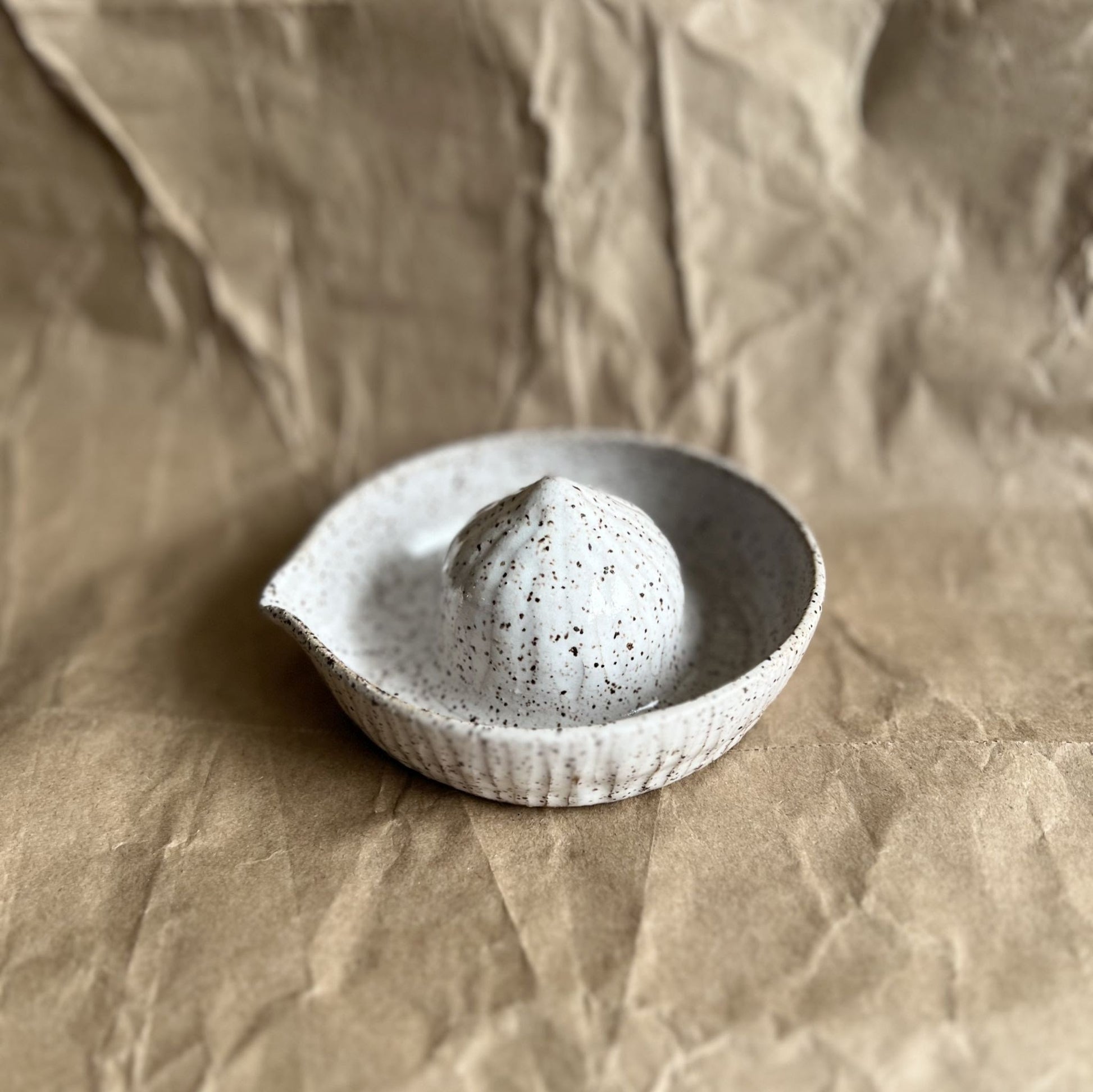 Speckled ceramic juicer on a textured brown background